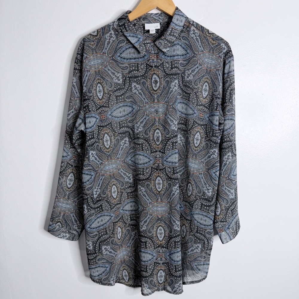 J. Jill‎ Paisley Print Sheer Chiffon Button Front Tunic Blue Large Petite Boho